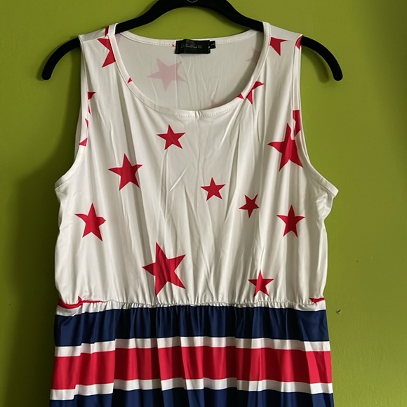 NWOT For G And PL Red White & Blue Stars & Stripes Patriotic Maxi Dress Size L - Picture 2 of 5